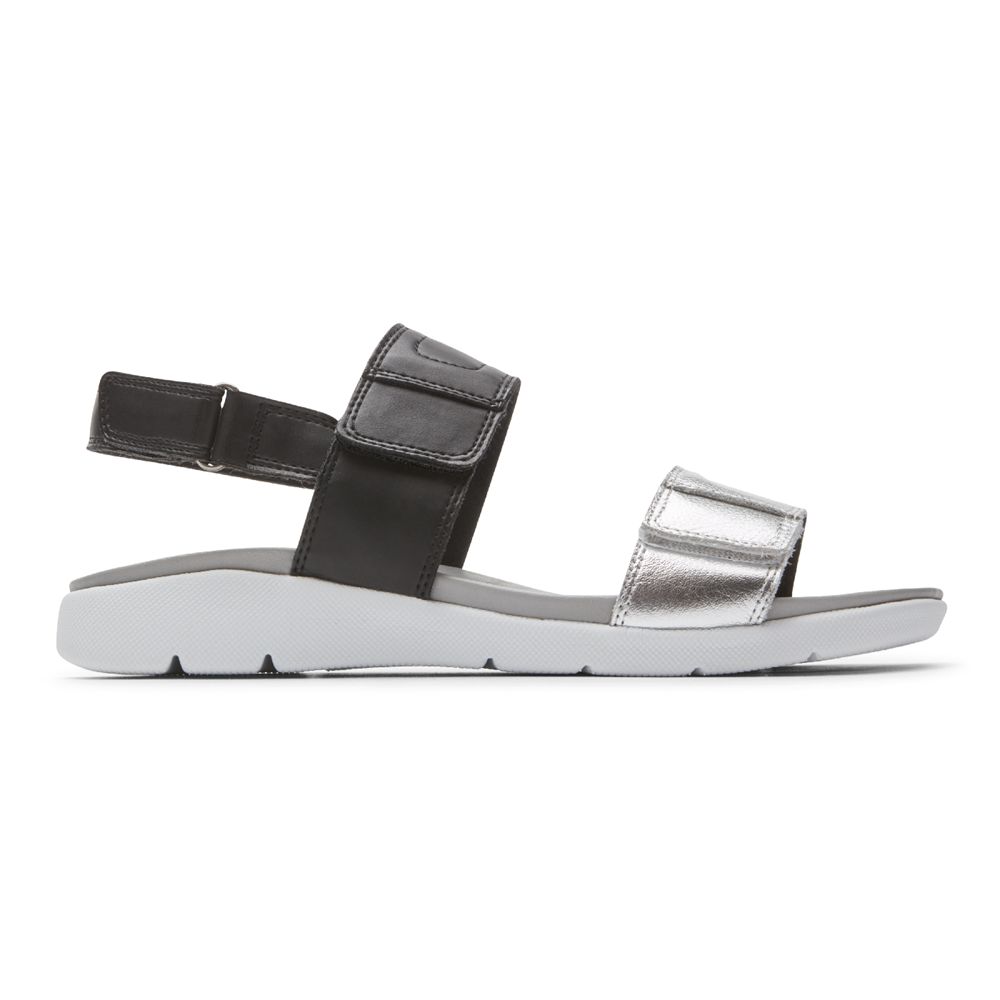 Rockport Women's Eileen 2-Band Sandals - Black/Silver - USA (0678ZXECS)